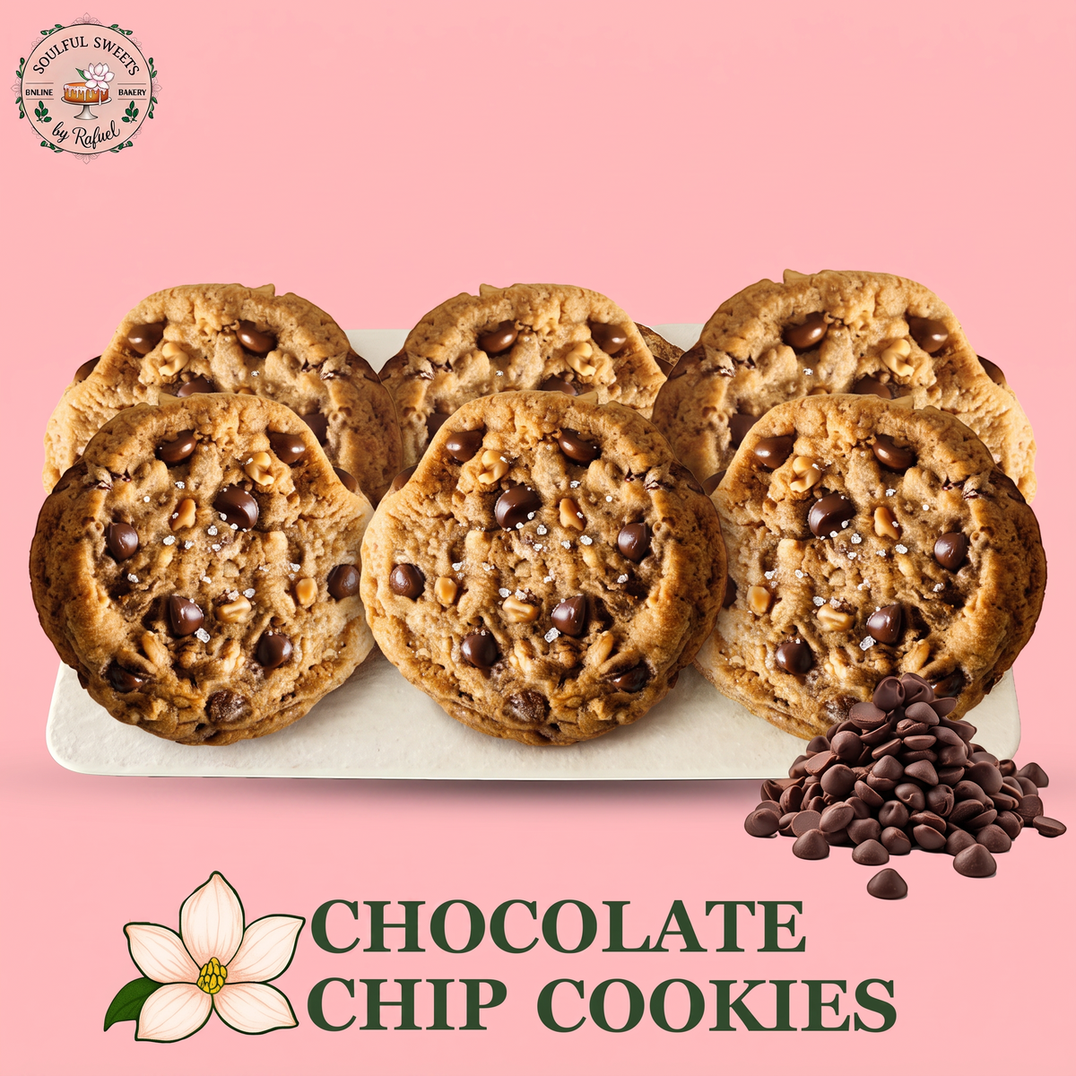 Soulful Sweets by Rafael chocolate chip cookies with soft chewy centers and crisp edges on a white serving tray
