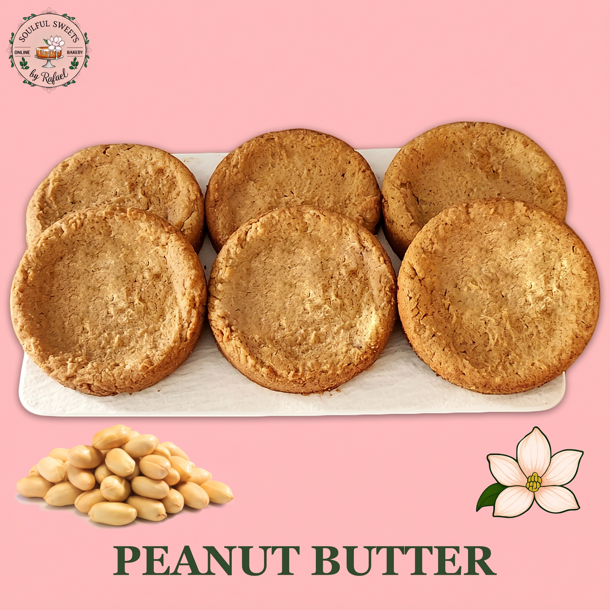 Soulful Sweets by Rafael peanut butter cookies with a soft chewy texture and golden brown edges on a white tray