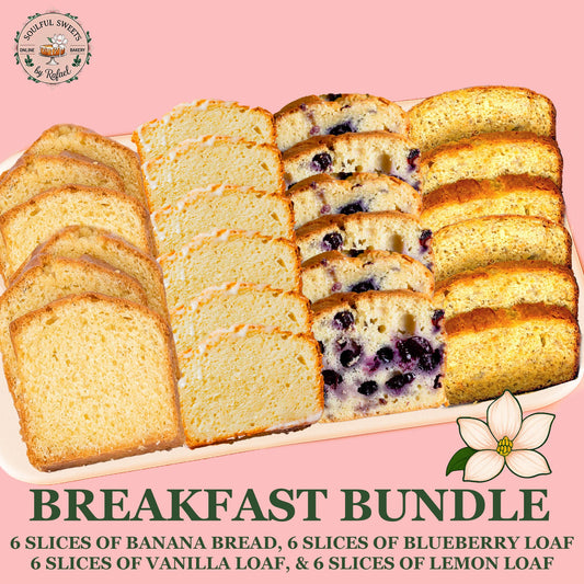 Soulful Sweets by Rafael Breakfast Bundle featuring slices of banana, blueberry, vanilla, and lemon loaf cakes.