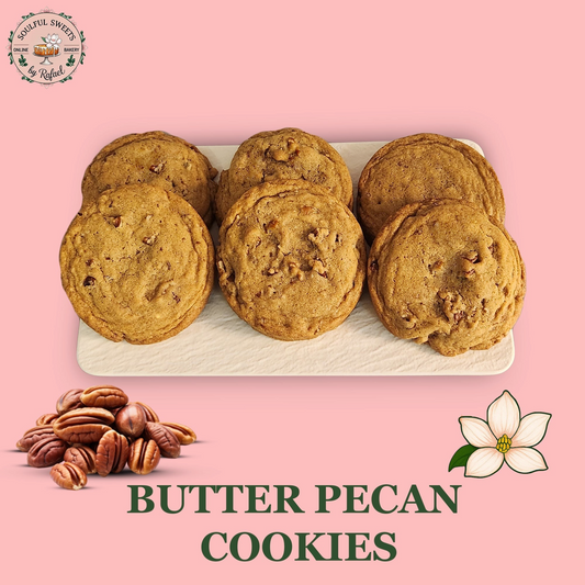 Soulful Sweets by Rafael gluten friendly butter pecan cookies on a white tray with pecan nuts and a flower graphic