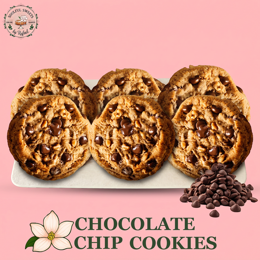 Soulful Sweets by Rafael chocolate chip cookies with crispy edges and soft centers on a white plate with chocolate chips