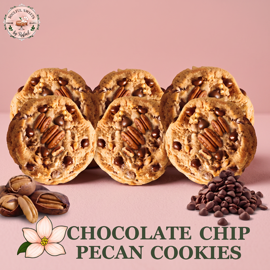 Soulful Sweets by Rafael chocolate chip pecan cookies with semi-sweet chocolate and toasted nuts on a pink background