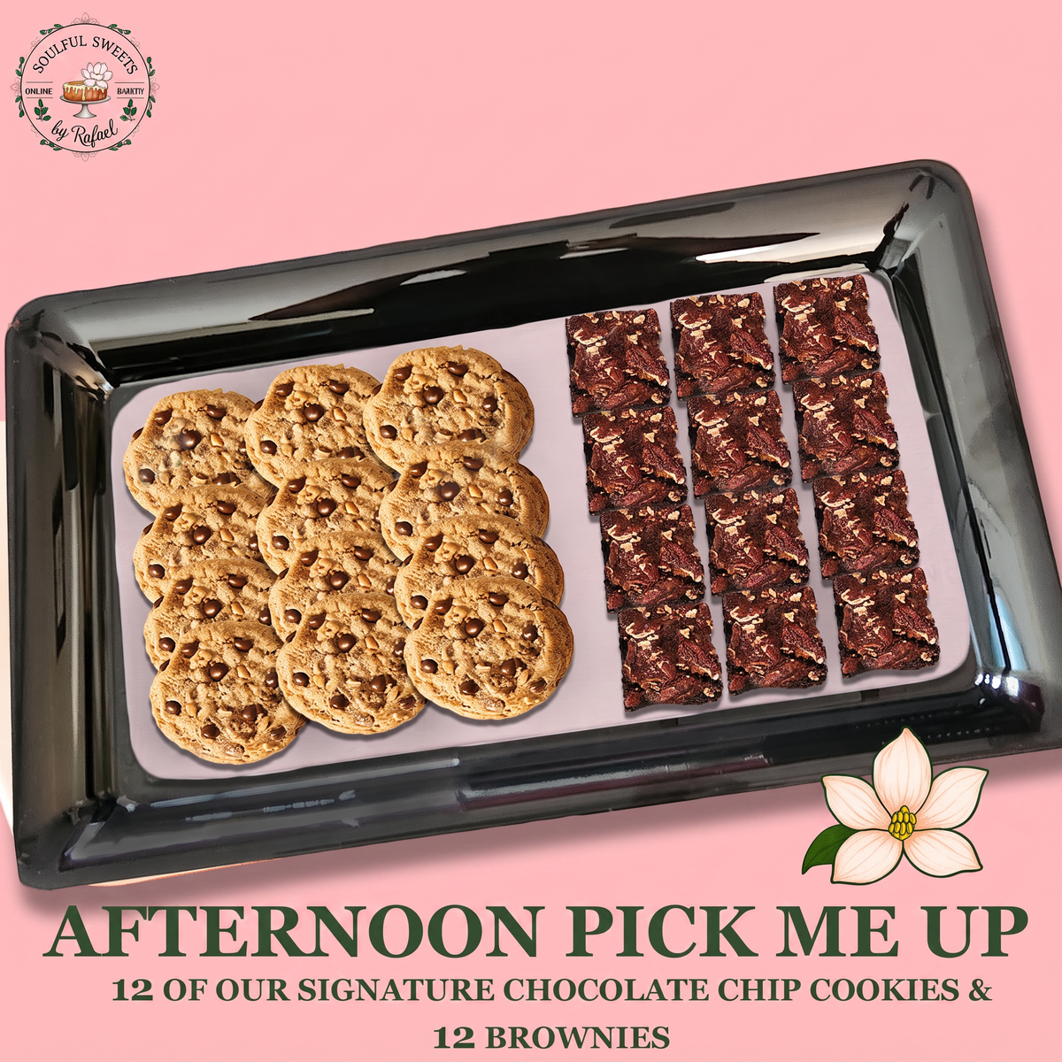 Soulful Sweets by Rafael dessert platter with 12 chocolate chip cookies and 12 fudgy brownies on a black tray