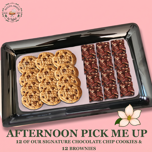 Soulful Sweets by Rafael dessert platter with 12 chocolate chip cookies and 12 fudgy brownies on a black tray