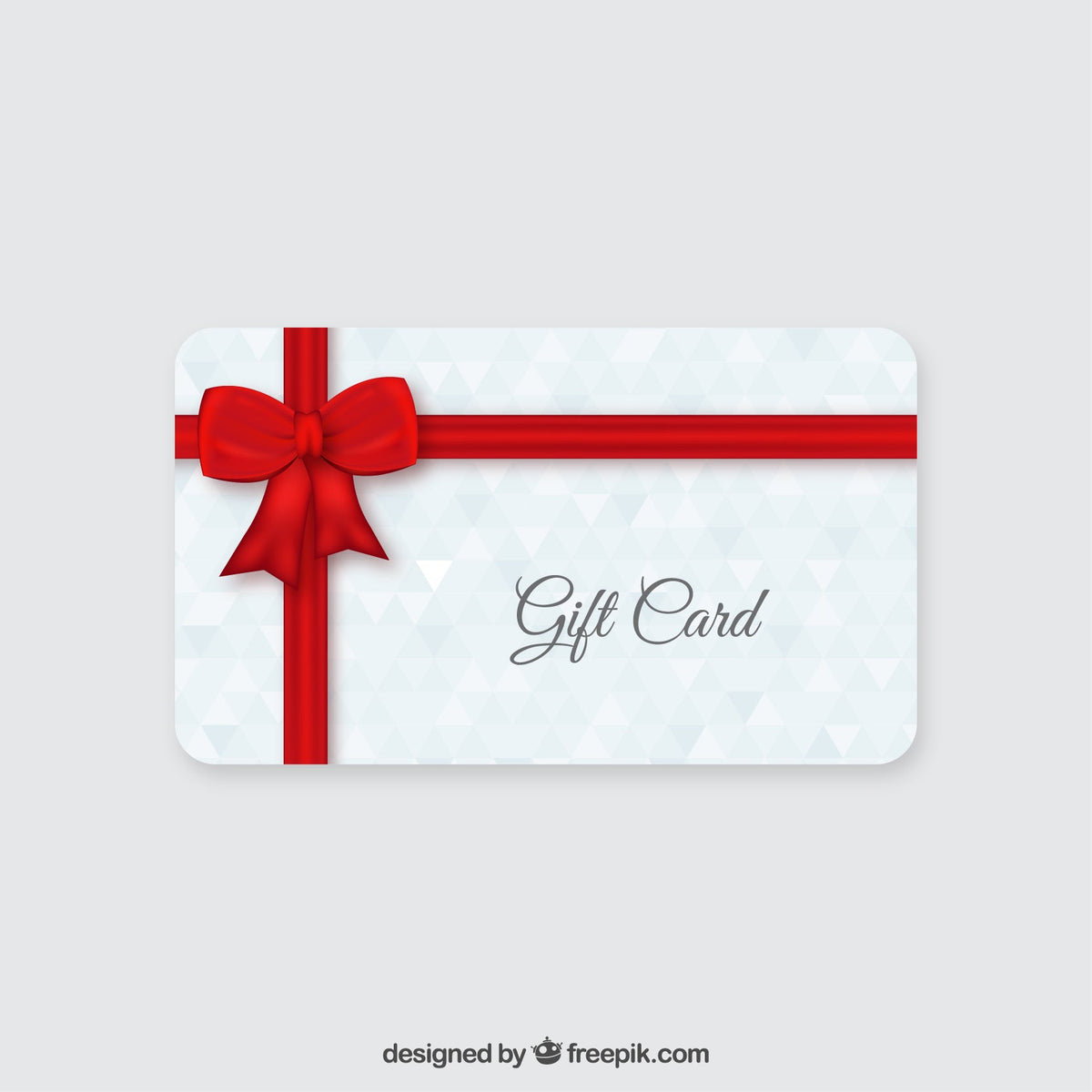 Soulful Sweets by Rafael gift card with a white geometric pattern and a decorative red ribbon and bow