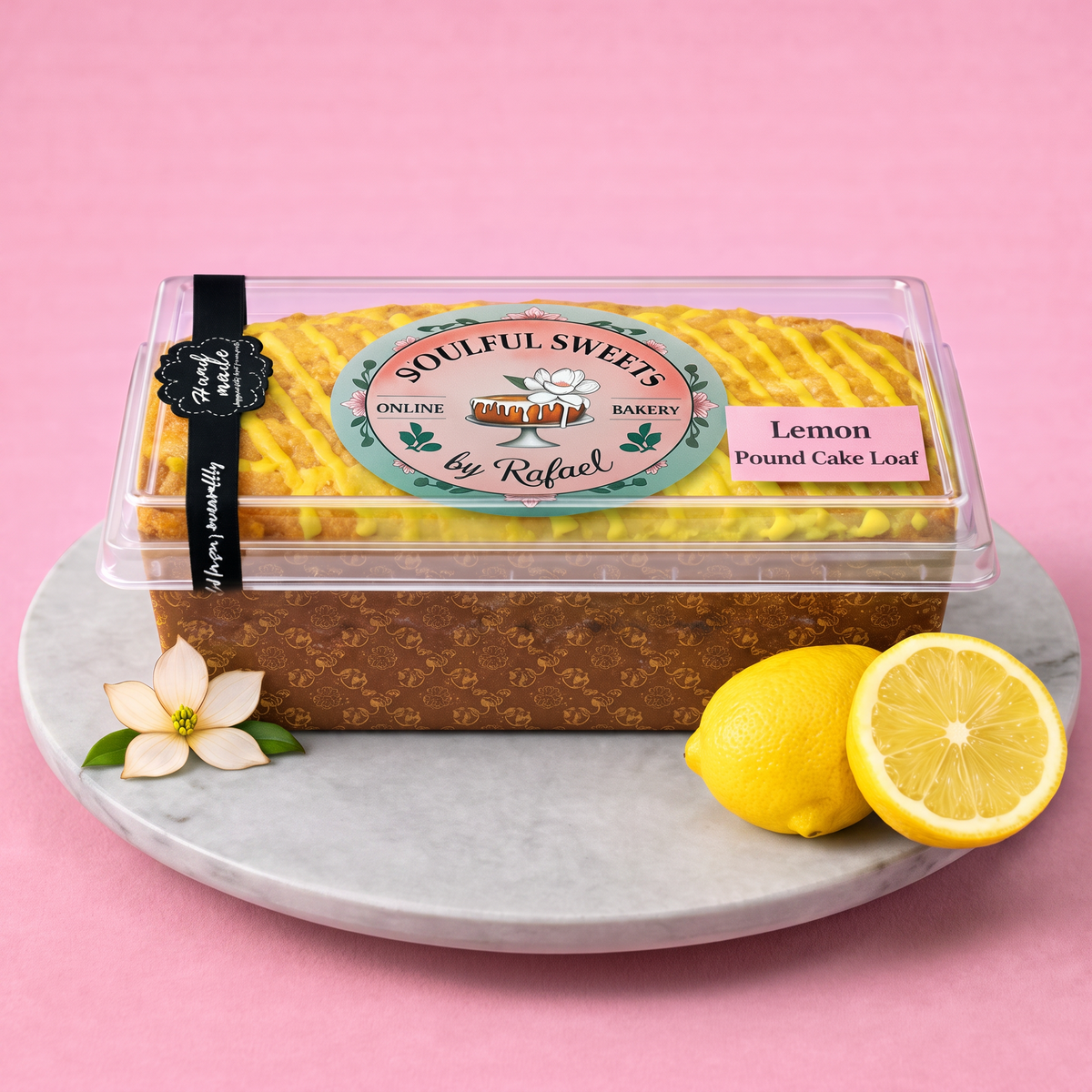 Soulful Sweets by Rafael lemon pound cake loaf in a clear container with lemon drizzle on a marble platter