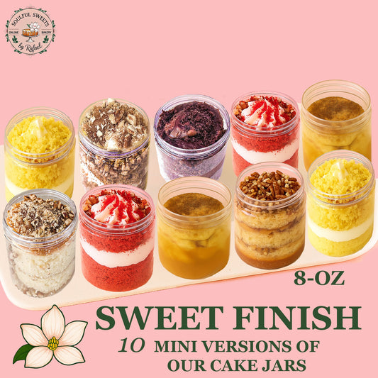 Soulful Sweets by Rafael 8 oz mini cake jars in various flavors including red velvet and yellow cake on a tray