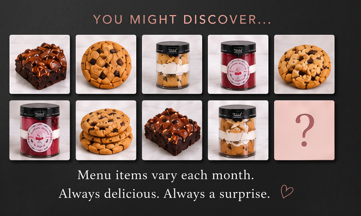 Soulful Sweets by Rafael monthly gourmet dessert box featuring assorted brownies, chocolate chip cookies, and jars.
