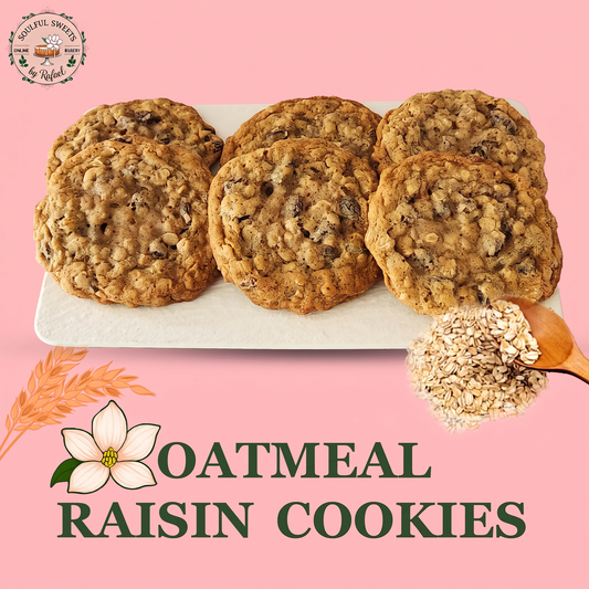 Soulful Sweets by Rafael oatmeal raisin cookies with golden edges and plump raisins on a white serving platter