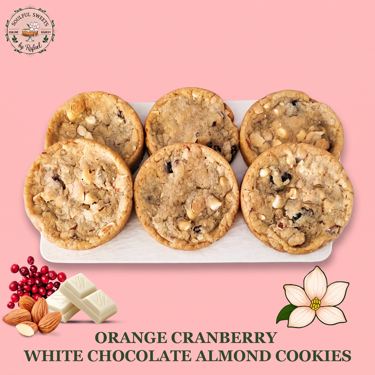 Soulful Sweets by Rafael orange cranberry white chocolate almond cookies arranged on a white tray with ingredients