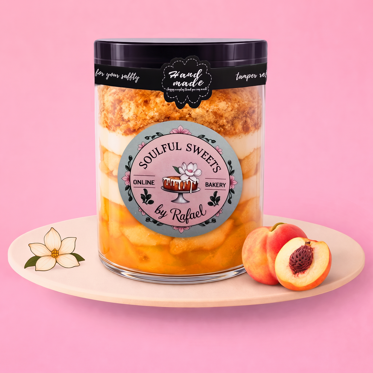 Soulful Sweets by Rafael peach cobbler dessert jar with layers of fruit and crust on a plate with fresh peaches
