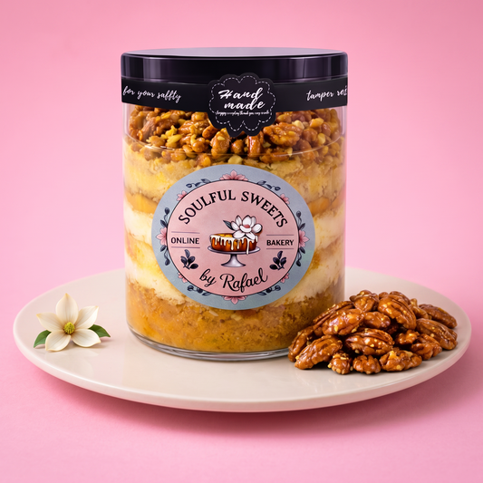 Soulful Sweets by Rafael pecan praline layered cake jar with rum-infused sponge and cream on a white plate