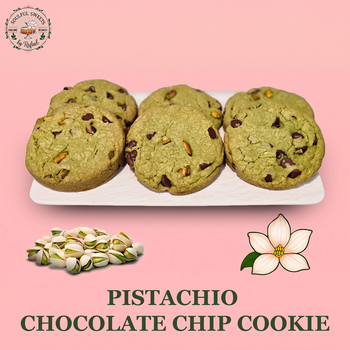 Soulful Sweets by Rafael pistachio chocolate chip cookies with roasted nuts and chocolate on a white serving tray