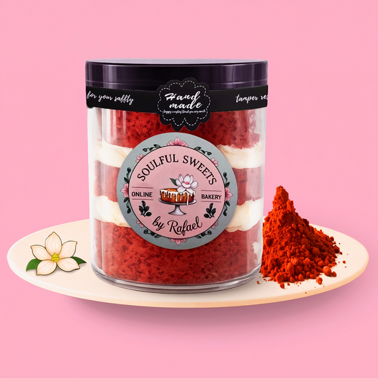 Soulful Sweets by Rafael red velvet cake jar with layers of moist sponge and cream cheese frosting on a plate