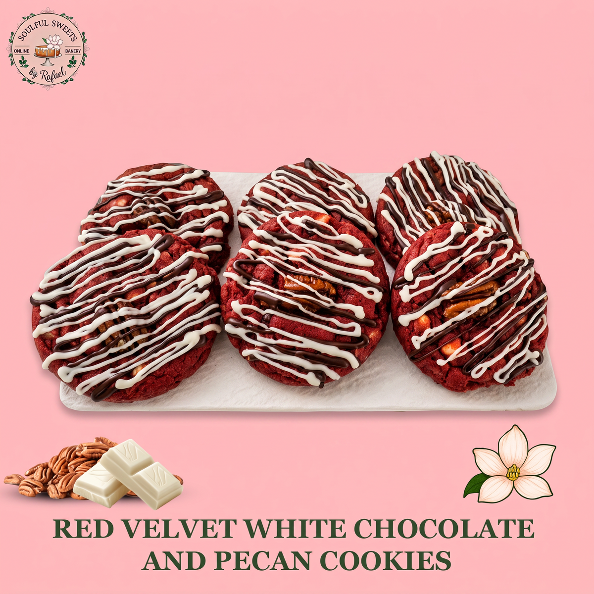 Soulful Sweets by Rafael red velvet cookies with white chocolate chips, pecans, and chocolate drizzle on a white tray.