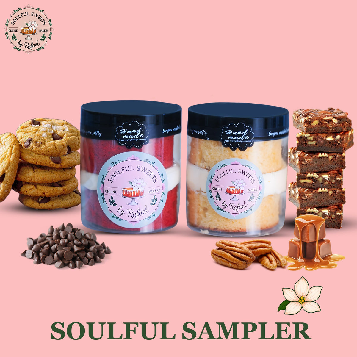 Soulful Sweets by Rafael Soulful Sampler featuring chocolate chip cookies, turtle brownies, and two cake jars.