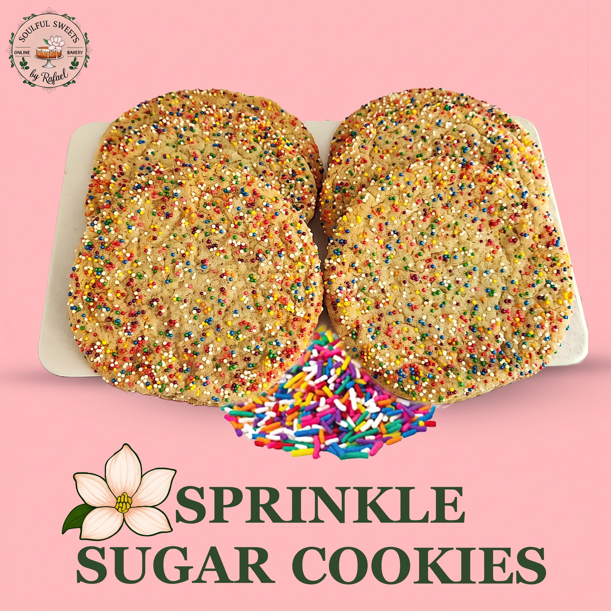 Soulful Sweets by Rafael soft buttery sugar cookies topped with colorful rainbow sprinkles on a white serving tray