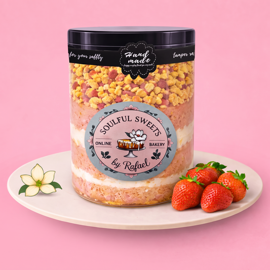 Soulful Sweets by Rafael strawberry crunch cake layered in a clear jar with fresh strawberries on a white plate.