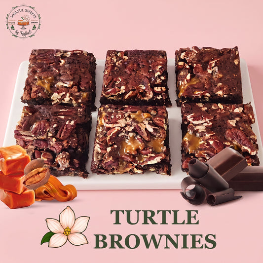 Soulful Sweets by Rafael six decadent chocolate brownies topped with gooey caramel and crunchy pecans on a white tray